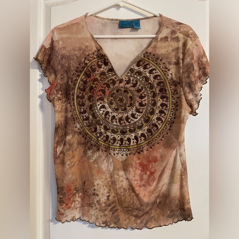 TeeCo Y2K USA Made Brown Flutter‎ Sleeve Lettuce Hem T-Shirt XL Boho Peasant